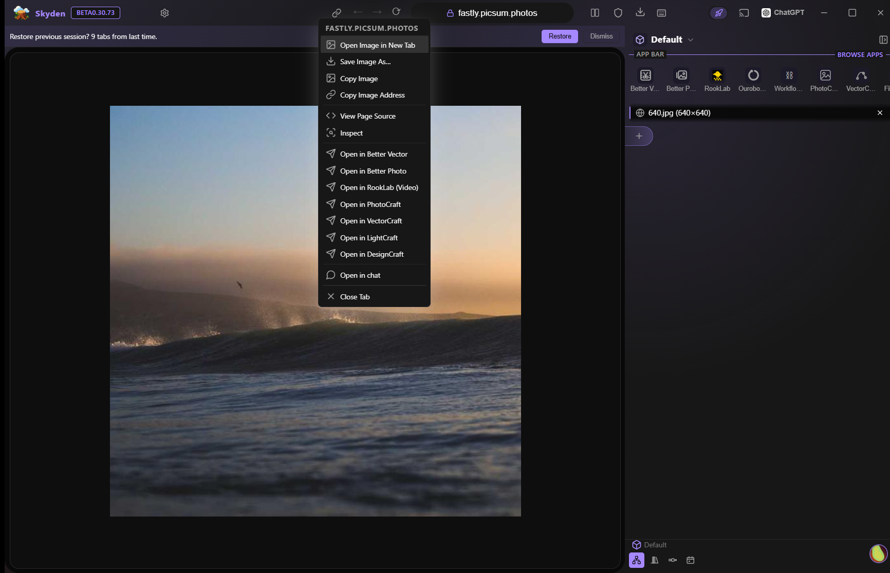Skyden's right-click context menu offering Open in VectorCraft and other craft apps