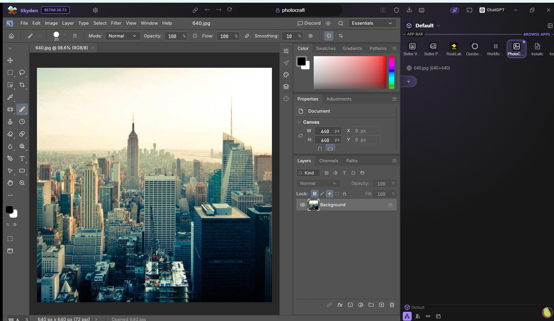 PhotoCraft, Skyden's built-in photo editor, open and live inside the browser