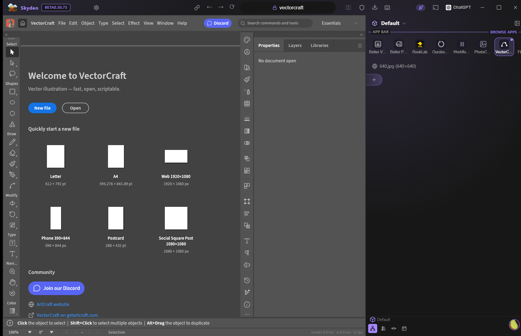VectorCraft running live inside a Skyden tab